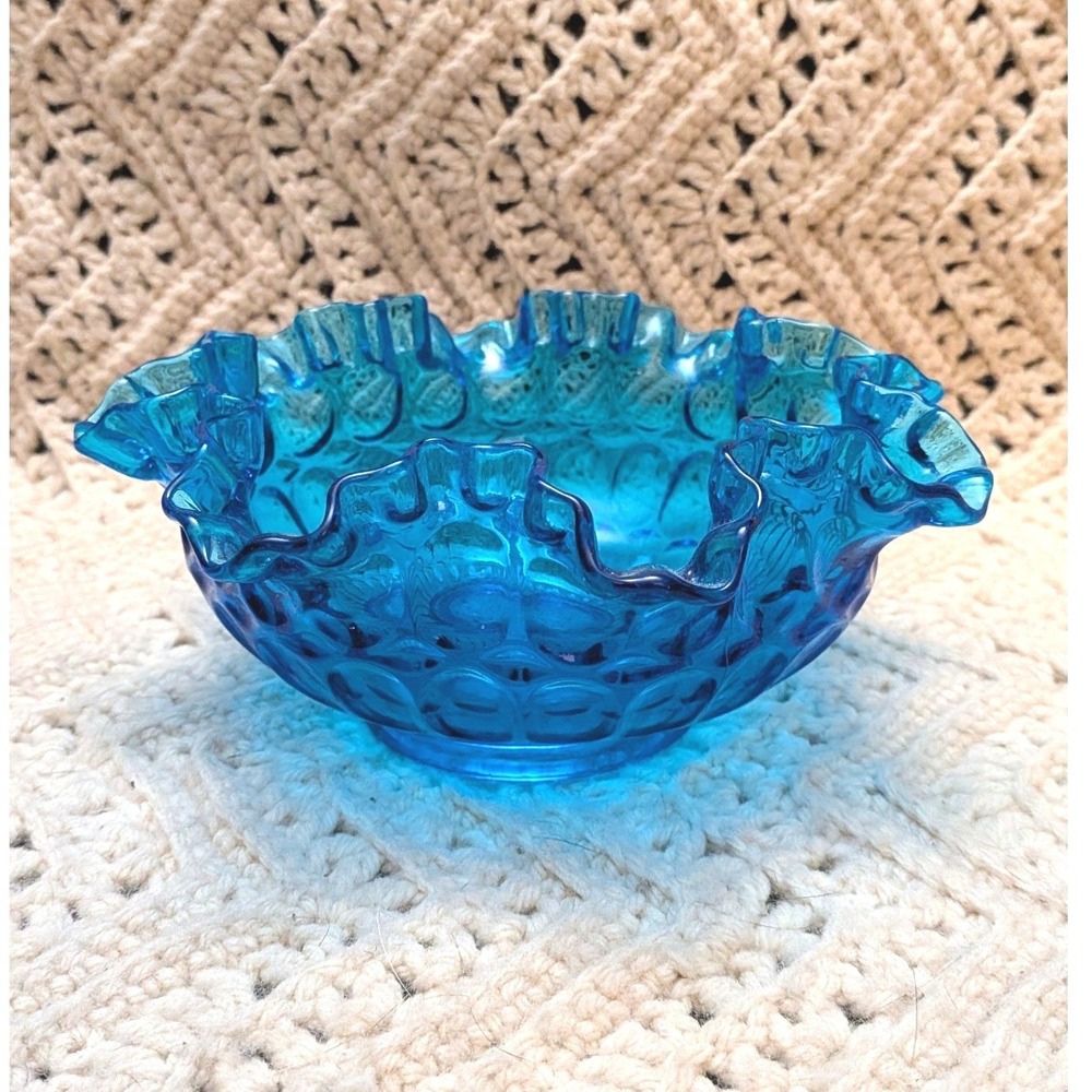 Fenton Blue Glass Bowl Thumbprint Pattern Double Crimped Ruffled Edge Vintage 8"